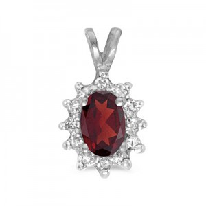 10k White Gold Oval Garnet And Diamond Pendant