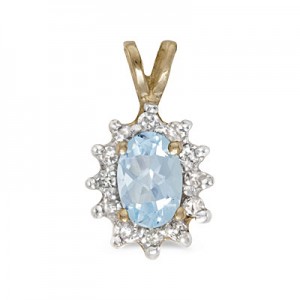 14k Yellow Gold Oval Aquamarine And Diamond Pendant