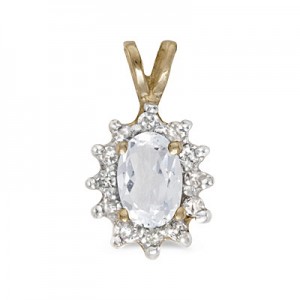 14k Yellow Gold Oval White Topaz And Diamond Pendant