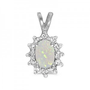 14k White Gold Oval Opal And Diamond Pendant