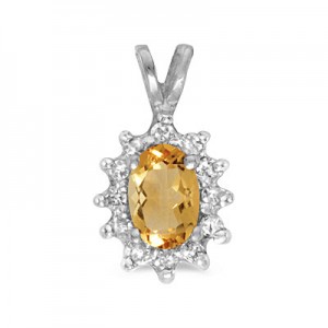 14k White Gold Oval Citrine And Diamond Pendant