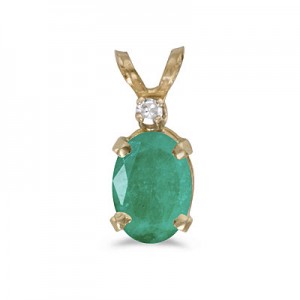 14k Yellow Gold Oval Emerald And Diamond Pendant