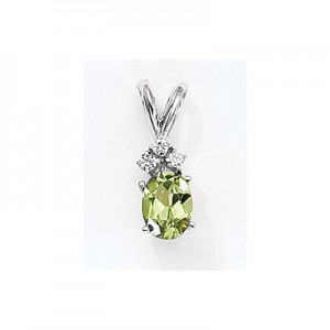 14K White Gold Oval Peridot and Diamond Pendant