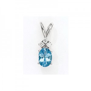 14K White Gold Oval Blue Topaz and Diamond Pendant