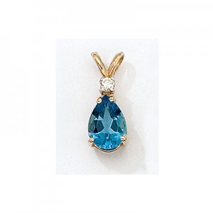 14K Yellow Gold Pear Blue Topaz and Diamond Pendant