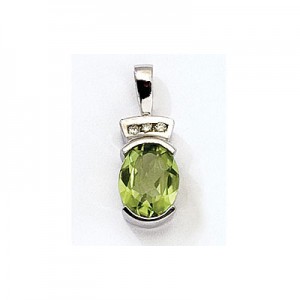 14K White Gold Oval Peridot and Diamond Pendant