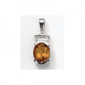 14K White Gold Oval Citrine and Diamond Pendant