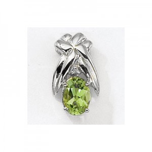 14K White Gold Oval Peridot and Diamond Pendant