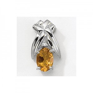 14K White Gold Oval Citrine and Diamond Pendant