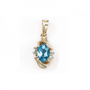 14K Yellow Gold Oval Blue Topaz and Diamond Pendant