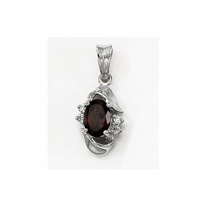 14K White Gold Oval Garnet and Diamond Pendant