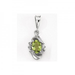 14K White Gold Oval Peridot and Diamond Pendant