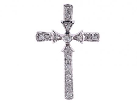 14K White Gold .20 Ct Diamond Byzantine Cross Pendant