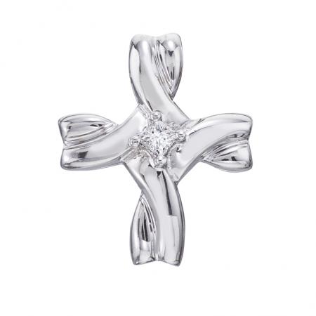 14K White Gold Swirl Diamond Cross Pendant