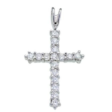 14K White Gold Straight 0.56 Ct Diamond Cross Pendant