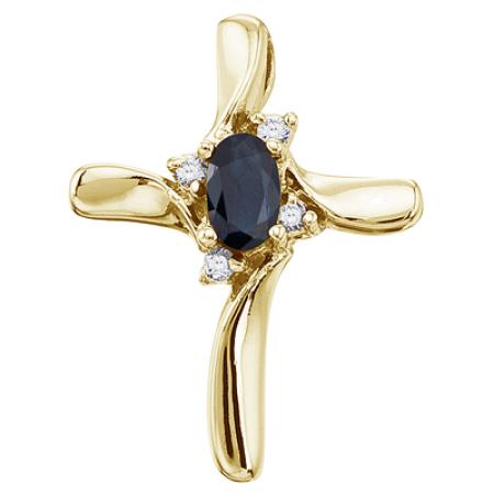 14K Yellow Gold Oval Sapphire and Diamond Cross Pendant
