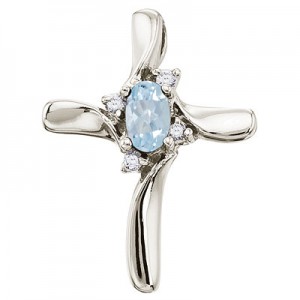 14K White Gold Oval Aquamarine and Diamond Cross Pendant