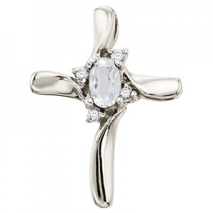 14K White Gold Oval White Topaz and Diamond Cross Pendant