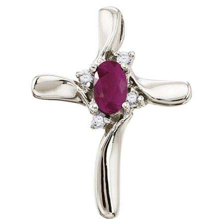 14K White Gold Oval Ruby and Diamond Cross Pendant