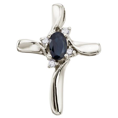 14K White Gold Oval Sapphire and Diamond Cross Pendant