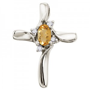 14K White Gold Oval Citrine and Diamond Cross Pendant