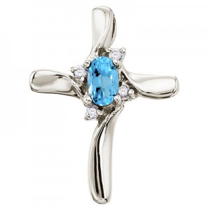 14K White Gold Oval Blue Topaz and Diamond Cross Pendant