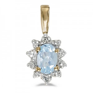 14k Yellow Gold Oval Aquamarine And Diamond Pendant