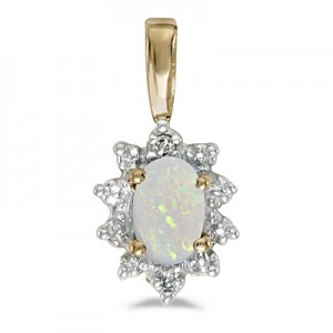 14k Yellow Gold Oval Opal And Diamond Pendant