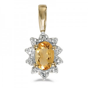 14k Yellow Gold Oval Citrine And Diamond Pendant