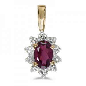 14k Yellow Gold Oval Rhodolite Garnet And Diamond Pendant