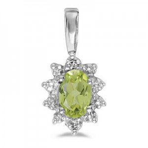 14k White Gold Oval Peridot And Diamond Pendant