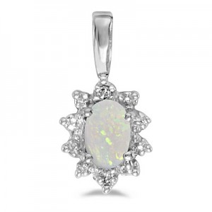 14k White Gold Oval Opal And Diamond Pendant