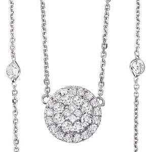 14K White Gold .95 Ct Diamond By The Yard Clustaires Pendant Necklace