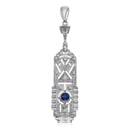 14K White Gold Precious Sapphire and Diamond Deco Fashion Pendant