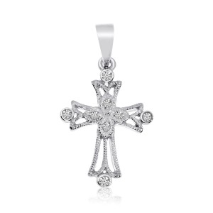14K White Gold Small Millgrain Diamond Cross