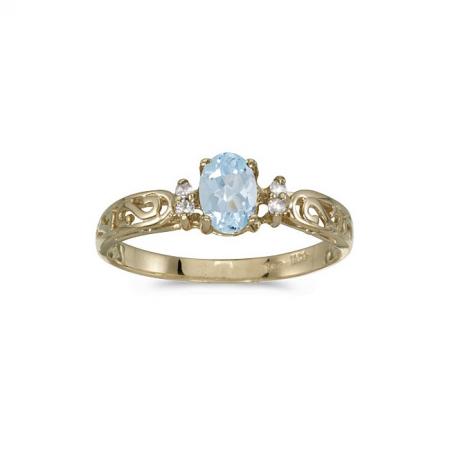 10k Yellow Gold Oval Aquamarine And Diamond Ring