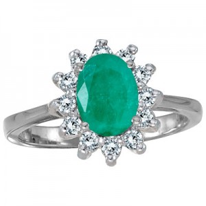 14K White Gold 8x6 Oval Emerald and Diamond Ring
