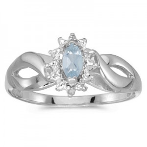 10k White Gold Marquise Aquamarine And Diamond Ring