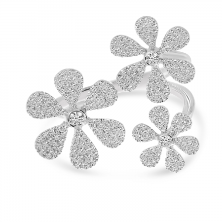 14K White Gold Triple Pave Diamond Flower Ring