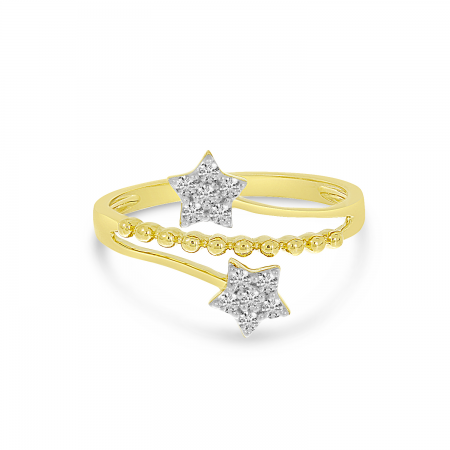 14K Yellow Gold Double Diamond Star Beaded Ring