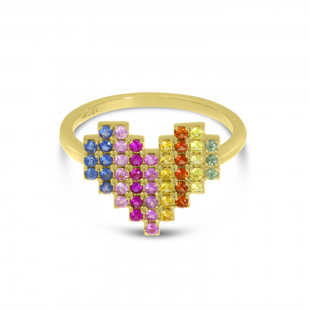 14K Yellow Gold Rainbow Sapphire Digital Heart Ring