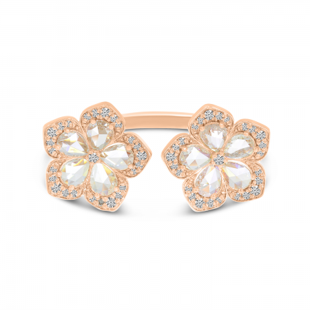 14K Rose Gold Rose Cut Diamond Floral Duo Ring
