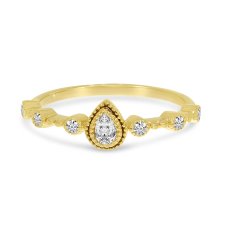 14K Yellow Gold Pear Diamond Millgrain Ring