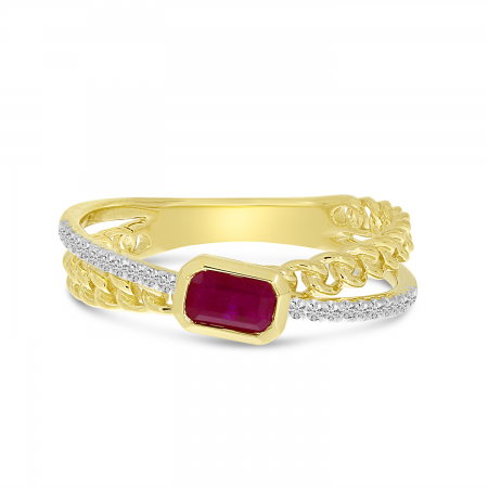 14K Yellow Gold Offcenter Ruby & Diamond Chain Ring