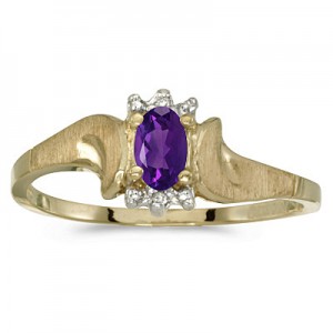 10k Yellow Gold Oval Amethyst And Diamond Satin Finish Ring