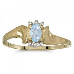 10k Yellow Gold Oval Aquamarine And Diamond Satin Finish Ring