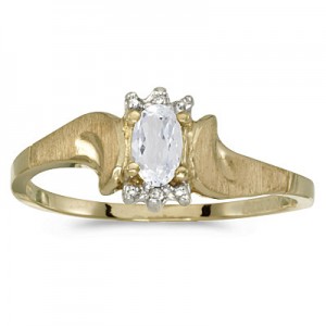 10k Yellow Gold Oval White Topaz And Diamond Satin Finish Ring