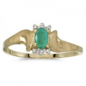 10k Yellow Gold Oval Emerald And Diamond Satin Finish Ring
