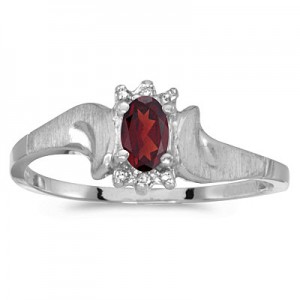 10k White Gold Oval Garnet And Diamond Satin Finish Ring