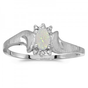 14k White Gold Oval Opal And Diamond Satin Finish Ring